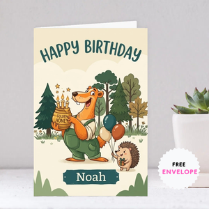 Personalised Happy Birthday Badger & Hedgehog Card – Custom Kids Birthday Card with Honey Jar & Balloons | Ireland