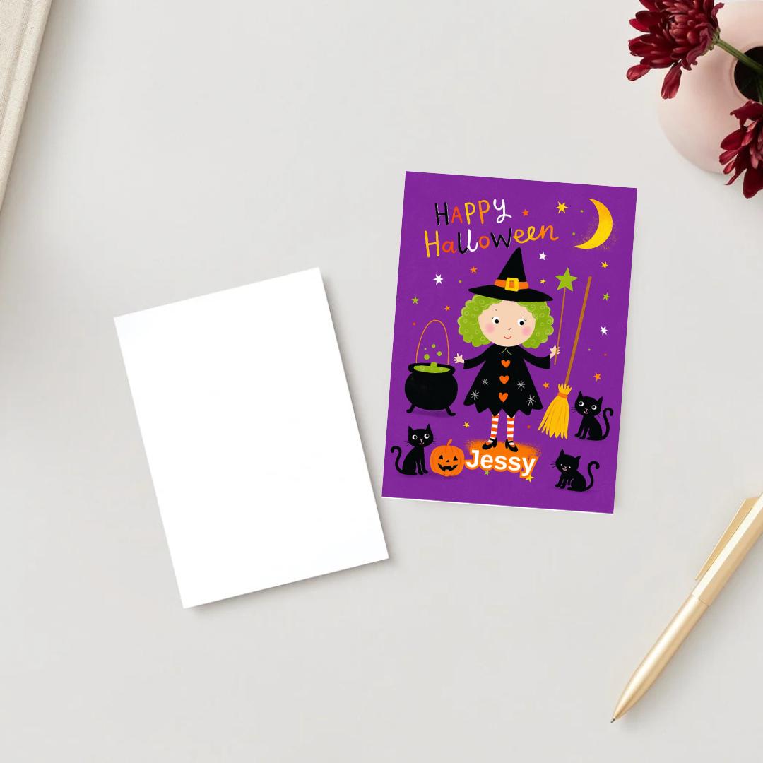 Personalised Halloween Card - Little Witch - Cheeky Gift For Cat Lovers - For Sister Brother Friends