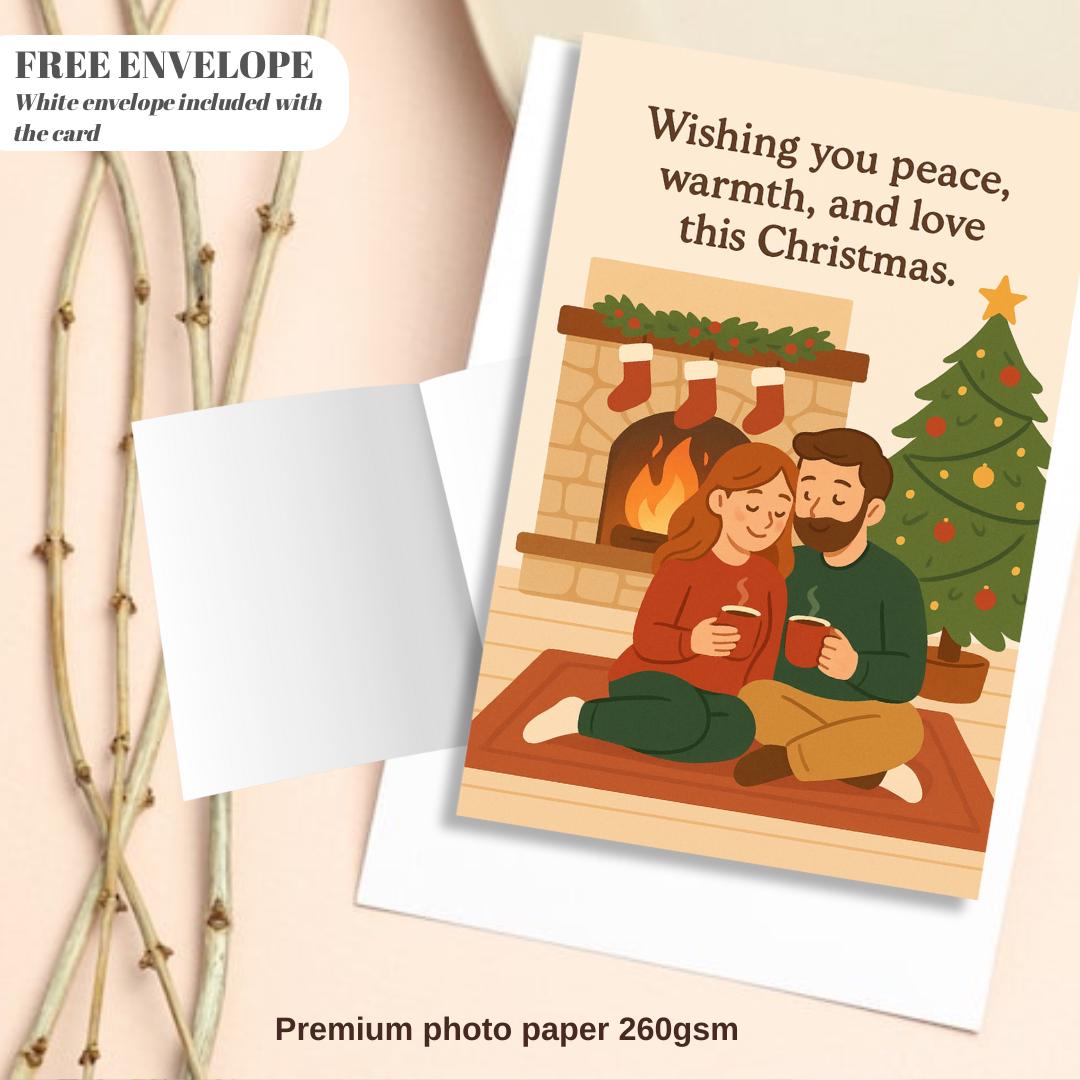Cozy Christmas Couple Card – Wishing You Peace, Warmth & Love | Romantic Holiday Fireplace Scene | Warm Family Christmas Card