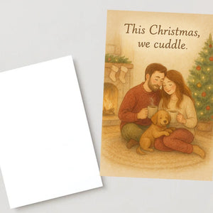 Cozy Couple Christmas Card with Dog – “This Christmas, We Cuddle” | Warm Fireplace Holiday Illustration for Couples & Pet Lovers