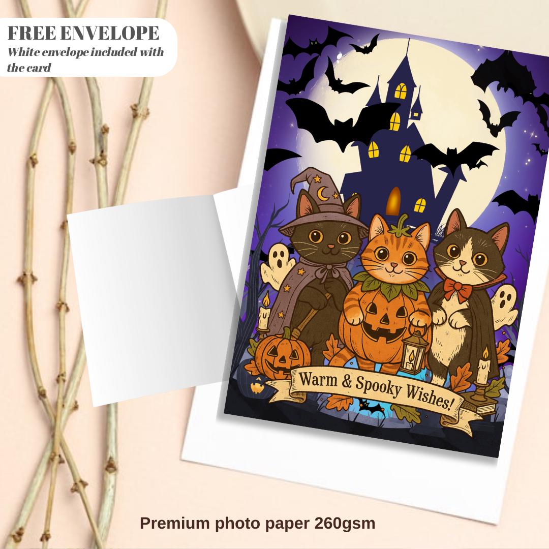 Funny Cat halloween Card - warm and spooky whises Cat - halloween Cards For Men Women - Cheeky Gift For Cat Lovers - Sister Brother Friend
