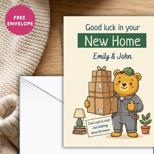 Personalised New Home Card – Cute Bear Moving Boxes Design | Housewarming Card Ireland