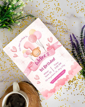 Beary Birthday Invitation, Bear Birthday Invite, Teddy  Birthday,  Birthday Girl, Beary Birthday Party Invite Pink 10/20/30 invitations card