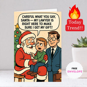 Funny Christmas Card | Funny Santa Cartoon | Kid with Lawyer Christmas Gift | Holiday Humor Print | Santa Claus Joke Poster