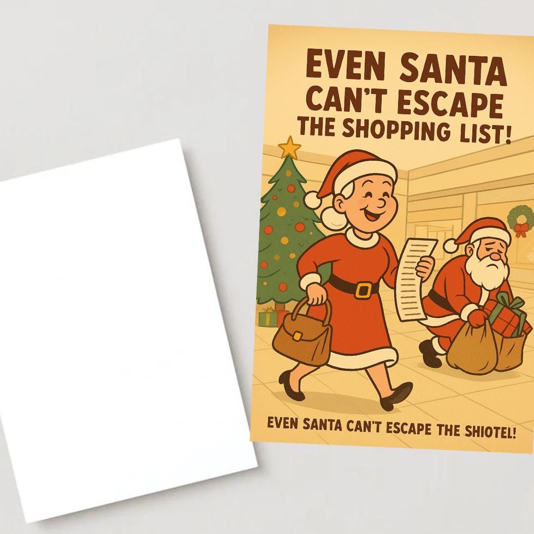 Funny Santa and Mrs Claus Christmas Card – A5 Holiday Greeting Card with Envelope, Retro Shopping Humor Xmas Card for Couples