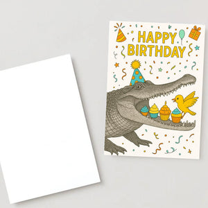 Crocodile Cake Birthday card animal birthday card wildlife art card hand drawn animal art cute Crocodile Cake bird eat cake card