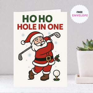 Funny Golf Christmas Card – “Ho Ho Hole in One” Santa Golf Swing Card | Merry Golfmas Gift for Golfers & Golf Dads