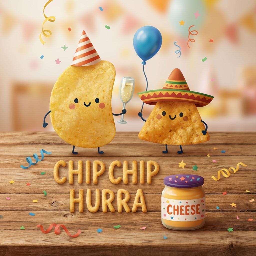 Funny Birthday Card • Chip Chip Hurra • Cute Chips Greeting Card • Pun Birthday Card • Humorous Birthday Gift • Cheese Dip Party Card
