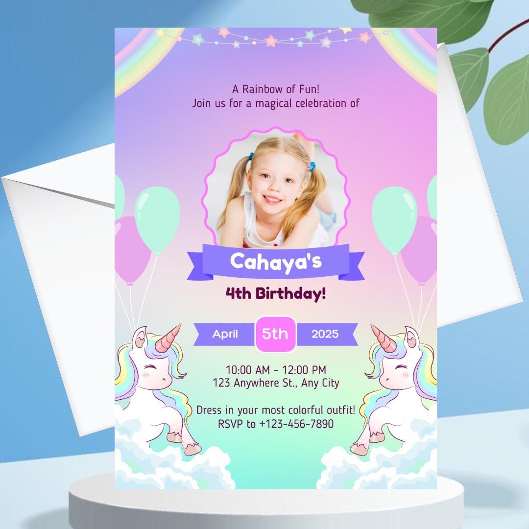 Unicorn birthday card invitation 5th, 7th, 6th, Personalised invitation for birthday party unicorn style invitation card with lovely Unicorn