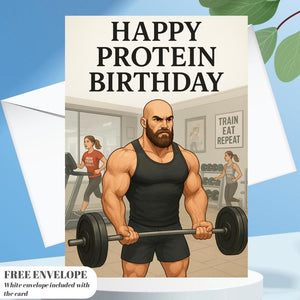 Happy Protein Birthday Gym Card – Funny Fitness Greeting Card for Him, Bodybuilder Birthday Card, Gym Lover Gift, Workout Motivation