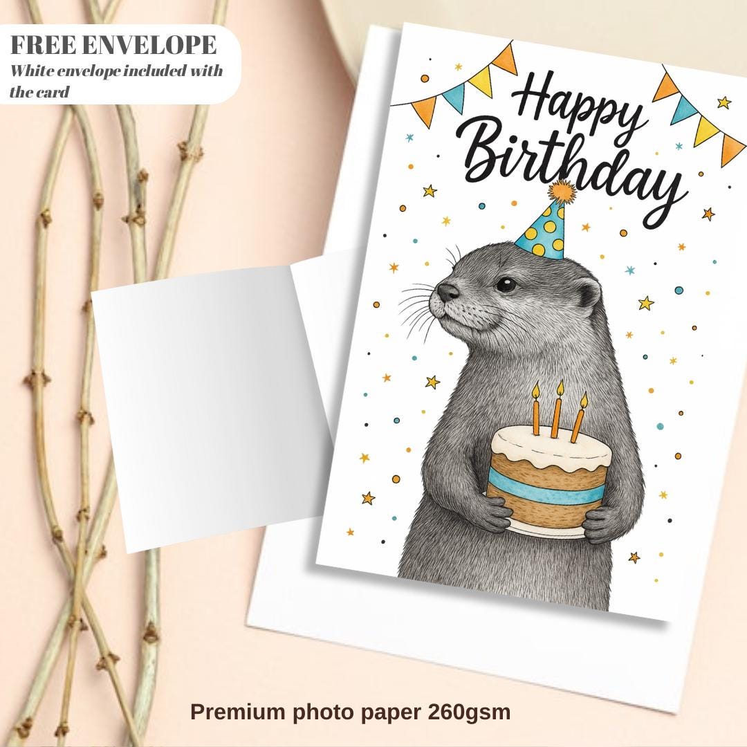 Otter Birthday card animal birthday card wildlife art card hand drawn animal art cute otter card
