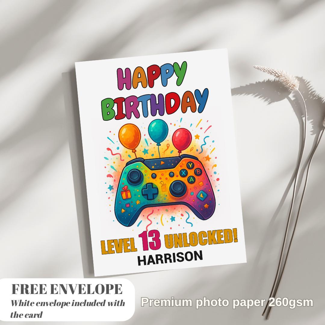Personalised gamer birthday card | boy girl greeting card | gaming all ages | video game player gift | level up control pad