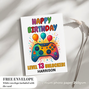 Personalised gamer birthday card | boy girl greeting card | gaming all ages | video game player gift | level up control pad