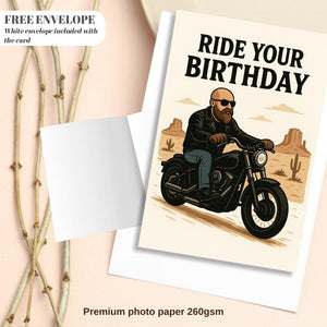 Ride Your Birthday Biker Card – Harley Rider Birthday Greeting Card, Funny Motorcycle Gift for Him, Bearded Biker Rocker Art Print