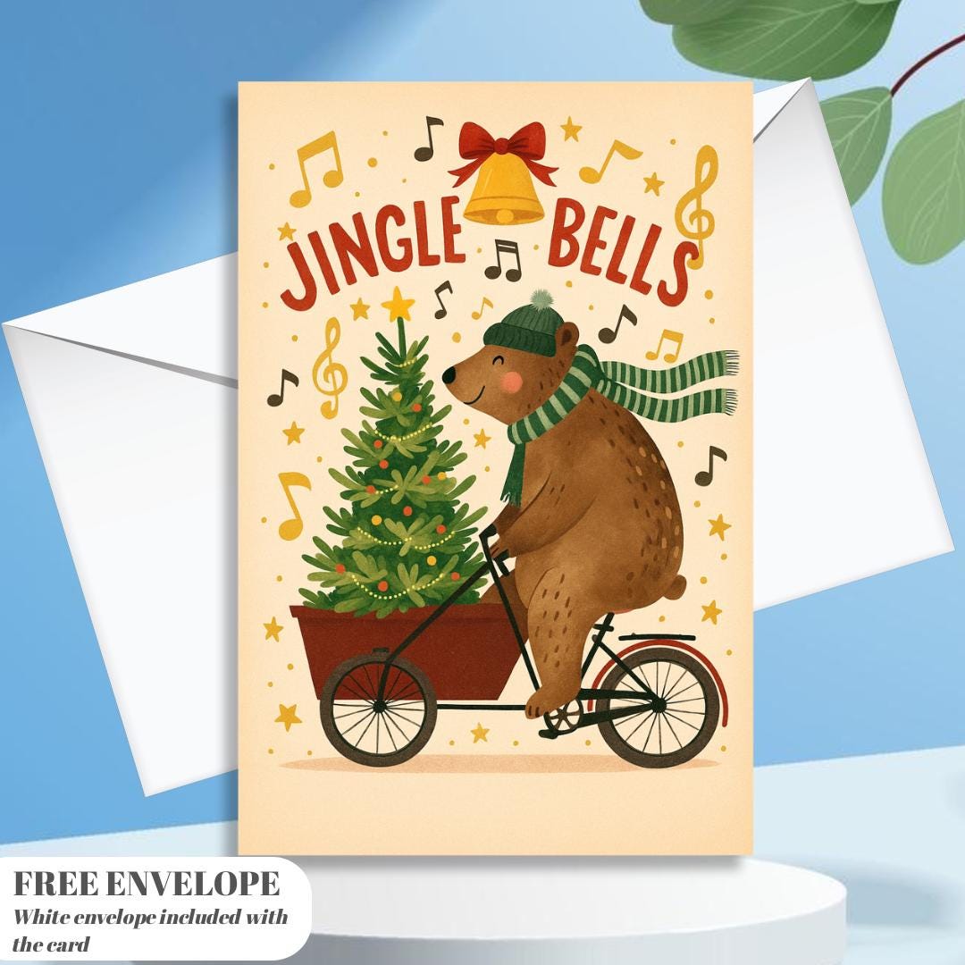 Funny Christmas Card - Bear on bicycle with Christmas tree, jungle bells christmas card bear greeting card