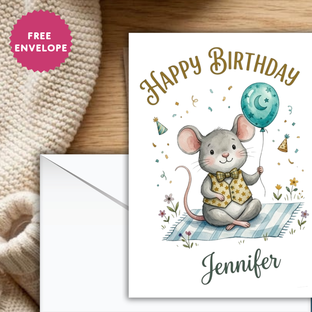 Personalised Happy Birthday Mouse Card – Cute Watercolor Mouse with Balloon & Bow Tie | Custom Name Ireland