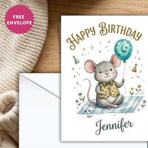 Personalised Happy Birthday Mouse Card – Cute Watercolor Mouse with Balloon & Bow Tie | Custom Name Ireland