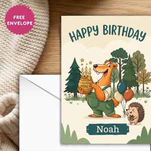 Personalised Happy Birthday Badger & Hedgehog Card – Custom Kids Birthday Card with Honey Jar & Balloons | Ireland