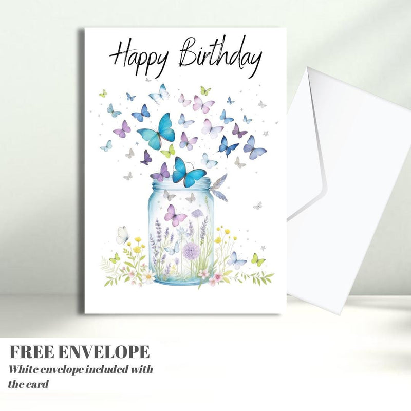 Artistic Open Female 'Happy Birthday' Greeting Card - Butterfly Jar Illustration -women birthday card, gift for her