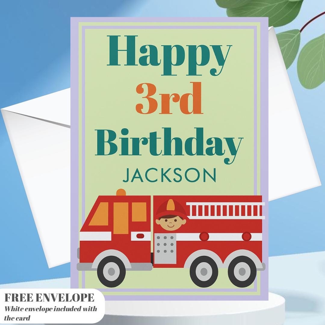 Modern Fire Truck Boy Birthday Card Personalized Boy’s 5 Year Celebration Card – Custom Name Birthday Greeting