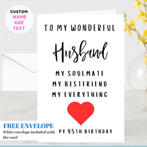 Personalised Husband Birthday Card- Soulmate Greeting Card Customised with Name/ Age For Him 30th 40th 50th 18th 21st 60th 70th