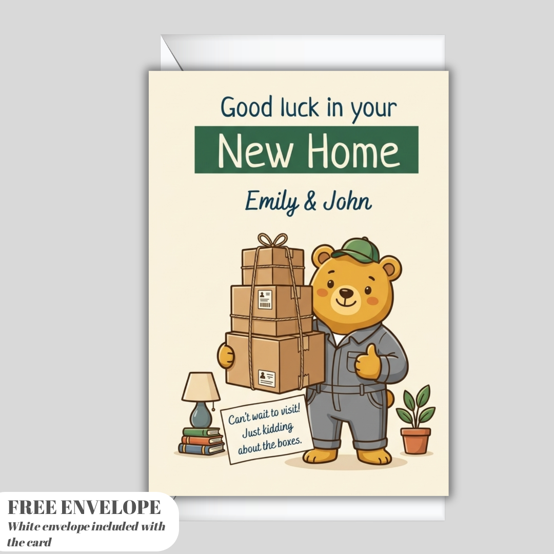 Personalised New Home Card – Cute Bear Moving Boxes Design | Housewarming Card Ireland