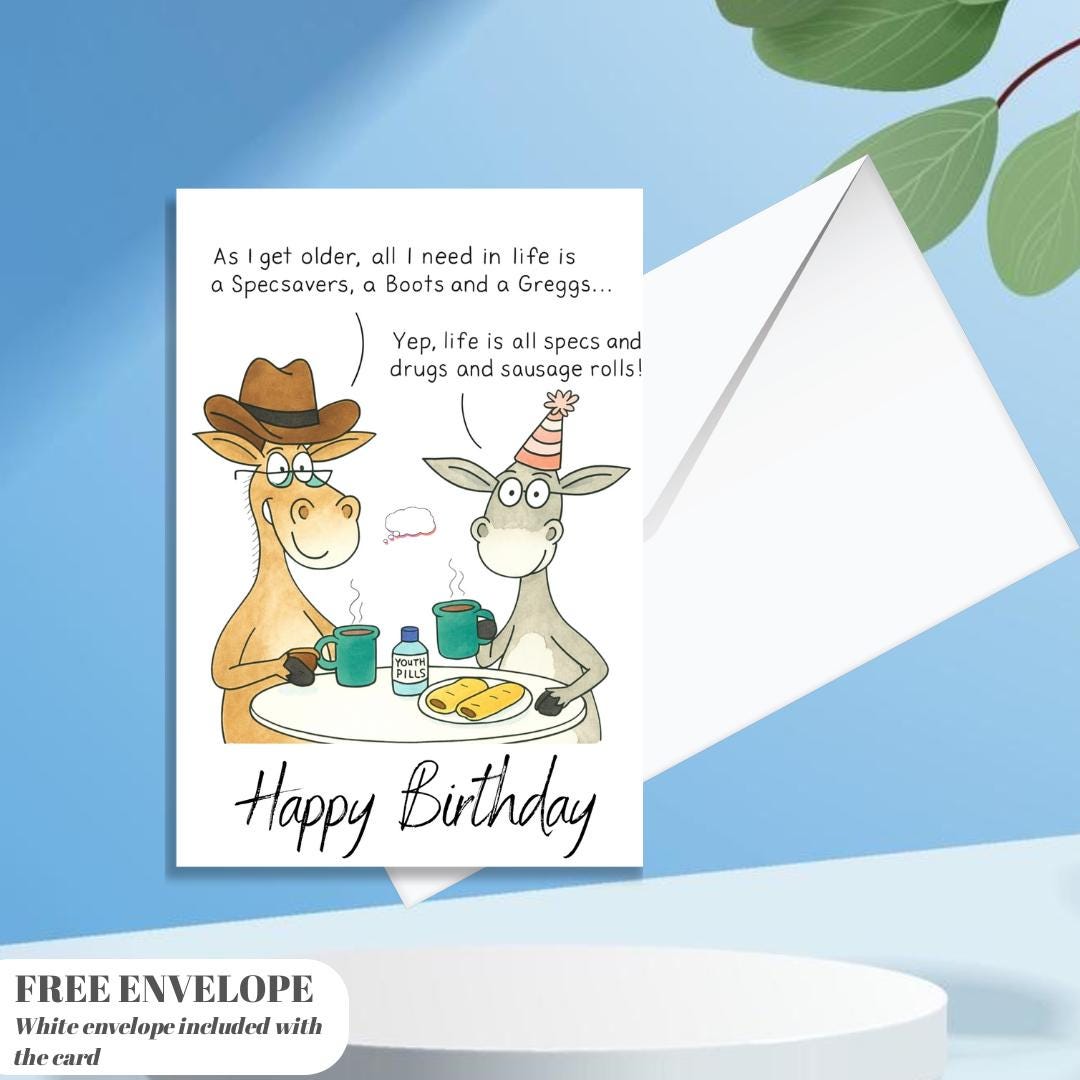 Paperlink Funny Artistic 'Happy Birthday' Greetings Card - From The Funny Farm Range - For Him/For Her - 'Specs, Drugs and Sausage Rolls!'