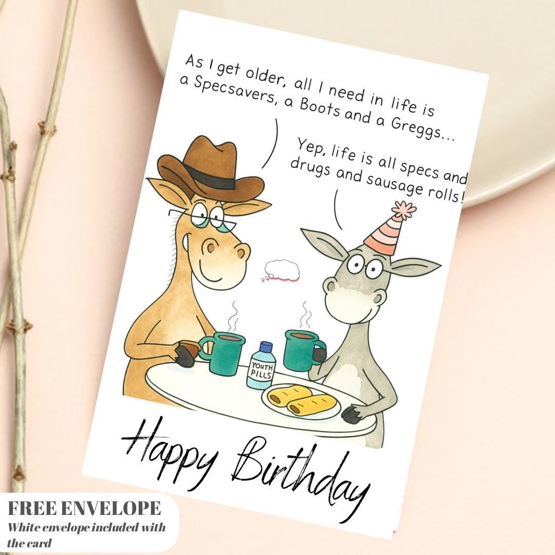 Paperlink Funny Artistic 'Happy Birthday' Greetings Card - From The Funny Farm Range - For Him/For Her - 'Specs, Drugs and Sausage Rolls!'