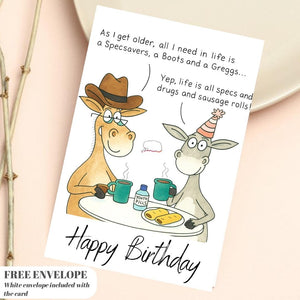 Paperlink Funny Artistic 'Happy Birthday' Greetings Card - From The Funny Farm Range - For Him/For Her - 'Specs, Drugs and Sausage Rolls!'