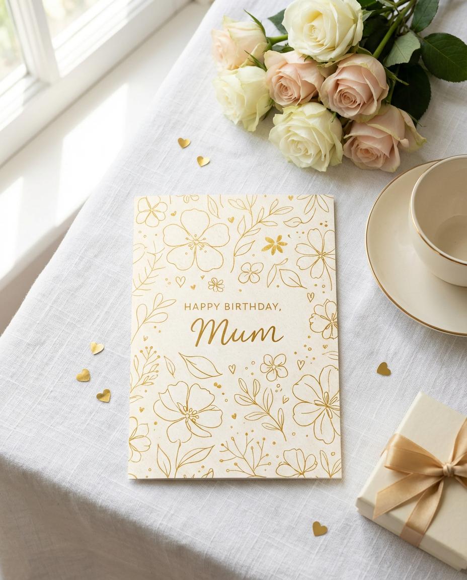 Mum Birthday Card – Elegant Floral Birthday Card for Mum, Minimal Gold Design, Classy Birthday Card for Mother