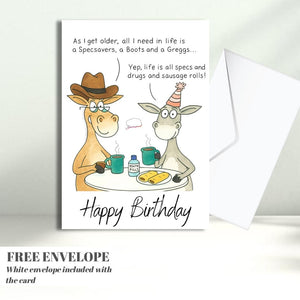 Paperlink Funny Artistic 'Happy Birthday' Greetings Card - From The Funny Farm Range - For Him/For Her - 'Specs, Drugs and Sausage Rolls!'
