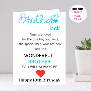 Personalised Brother Birthday Card Quote Coming of Age 21st 18th 16th 30th 40th Wonderful Brother Card for him