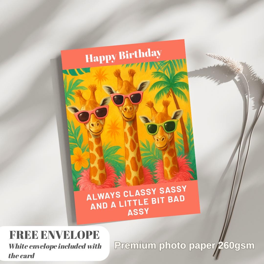 Premium Square Birthday Card with Envelope Greeting Happy Birthday For Her Female Mum Daughter Grandma Colleague Friend Giraffe