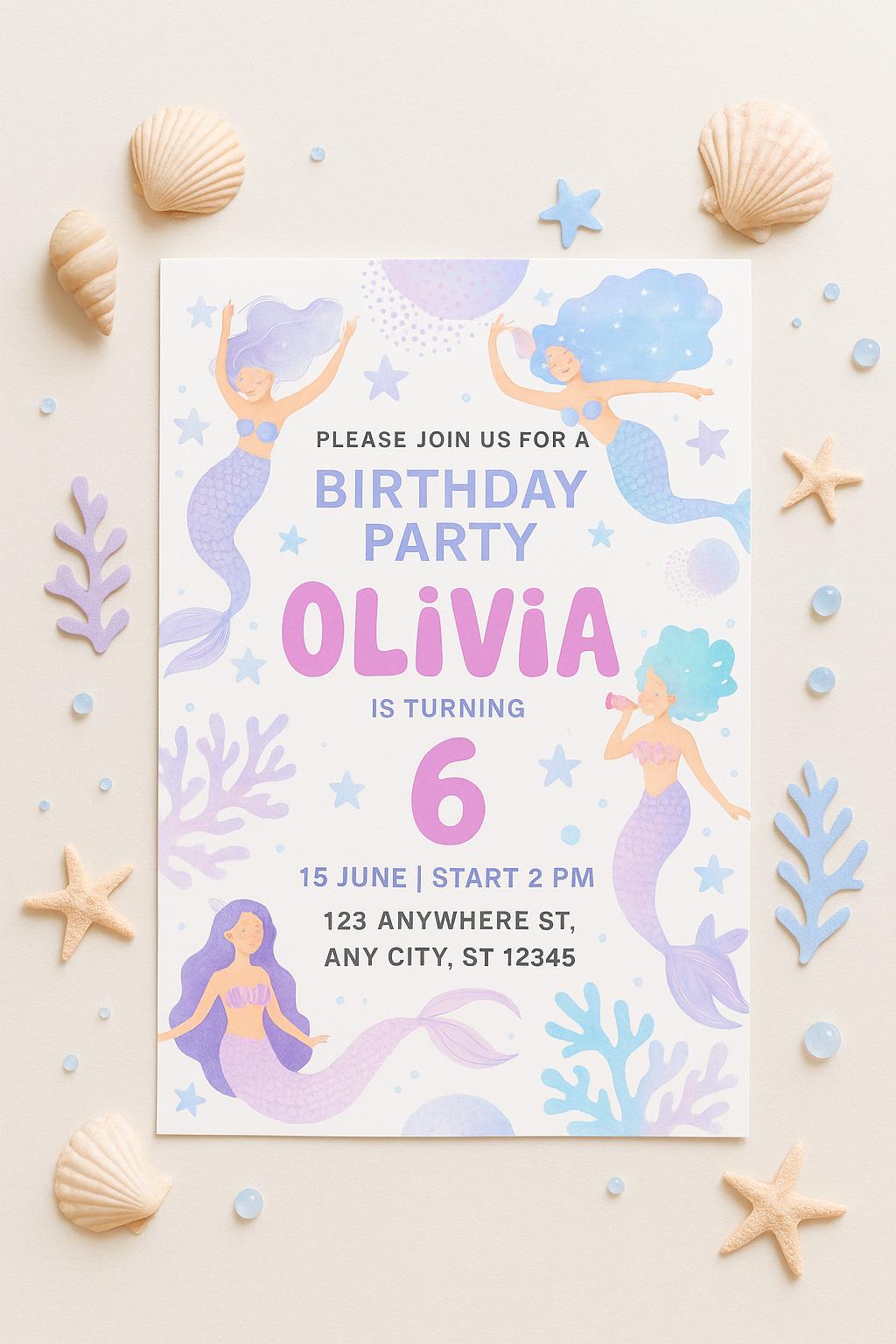 Siren Birthday Invitation, Invite card  Birthday,  Birthday Girl, Siren Birthday Party Invite pack of 10/20/30 invitations card
