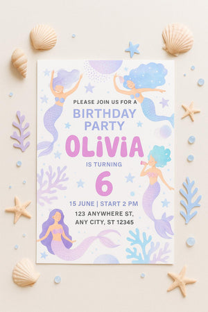 Siren Birthday Invitation, Invite card  Birthday,  Birthday Girl, Siren Birthday Party Invite pack of 10/20/30 invitations card