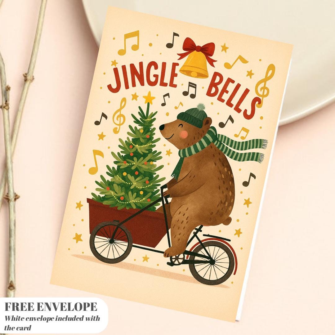 Funny Christmas Card - Bear on bicycle with Christmas tree, jungle bells christmas card bear greeting card