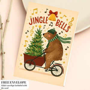 Funny Christmas Card - Bear on bicycle with Christmas tree, jungle bells christmas card bear greeting card
