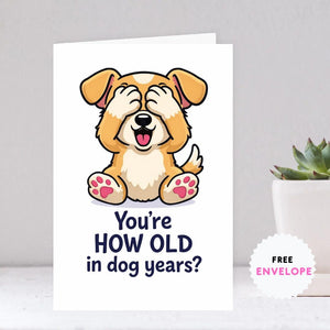 Greeting Birthday Card for Dog Lovers – Funny Dog Meme Birthday Card – You’re How Old in Dog Years? Cute Puppy Humor Card