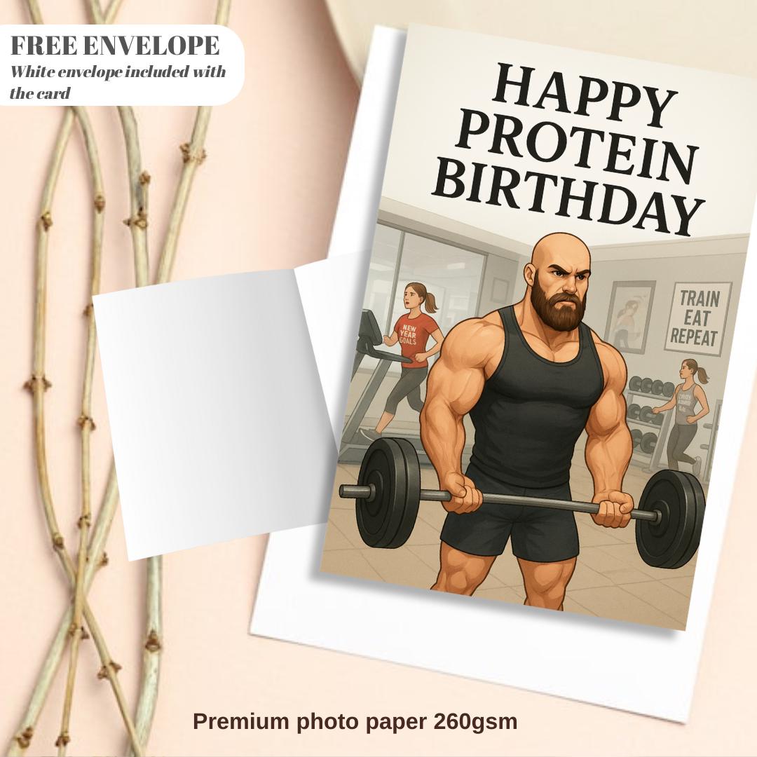 Happy Protein Birthday Gym Card – Funny Fitness Greeting Card for Him, Bodybuilder Birthday Card, Gym Lover Gift, Workout Motivation
