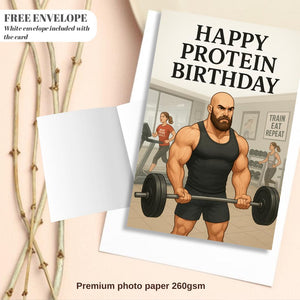 Happy Protein Birthday Gym Card – Funny Fitness Greeting Card for Him, Bodybuilder Birthday Card, Gym Lover Gift, Workout Motivation