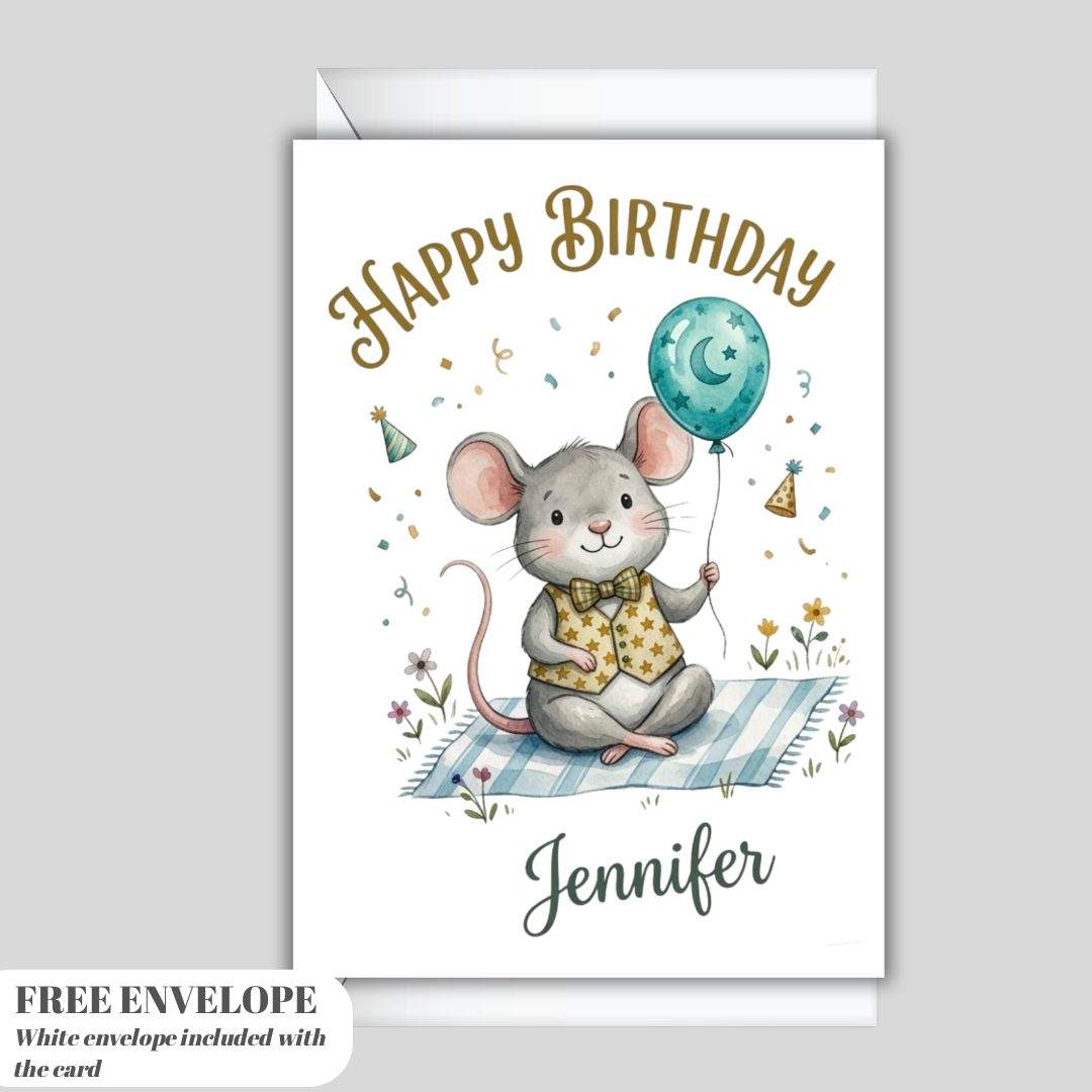 Personalised Happy Birthday Mouse Card – Cute Watercolor Mouse with Balloon & Bow Tie | Custom Name Ireland