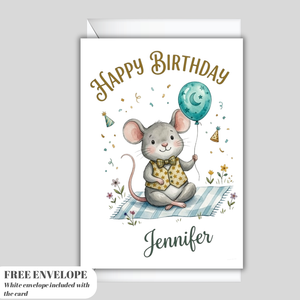 Personalised Happy Birthday Mouse Card – Cute Watercolor Mouse with Balloon & Bow Tie | Custom Name Ireland