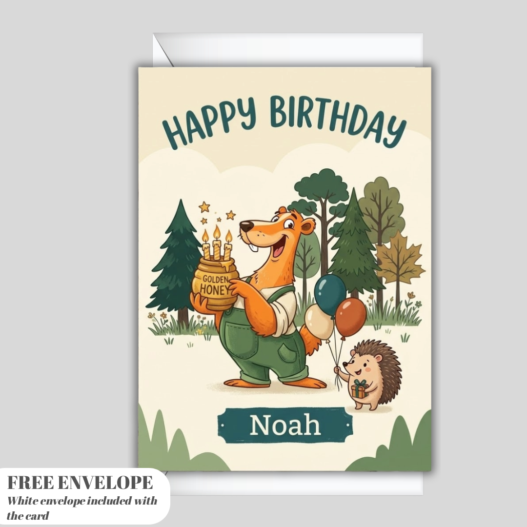 Personalised Happy Birthday Badger & Hedgehog Card – Custom Kids Birthday Card with Honey Jar & Balloons | Ireland