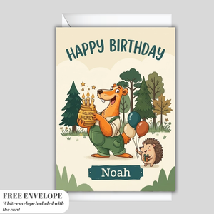 Personalised Happy Birthday Badger & Hedgehog Card – Custom Kids Birthday Card with Honey Jar & Balloons | Ireland