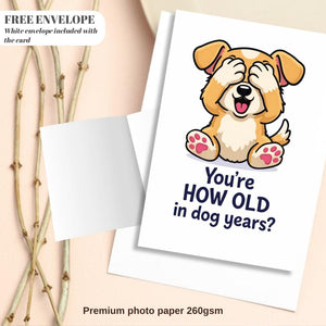 Greeting Birthday Card for Dog Lovers – Funny Dog Meme Birthday Card – You’re How Old in Dog Years? Cute Puppy Humor Card