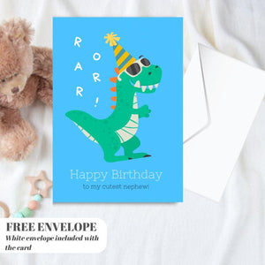 Dinosaur ROAR Birthday Card with Envelope Greeting Happy Birthday For NEPHEW, som, friend a5 birthday card with envelope