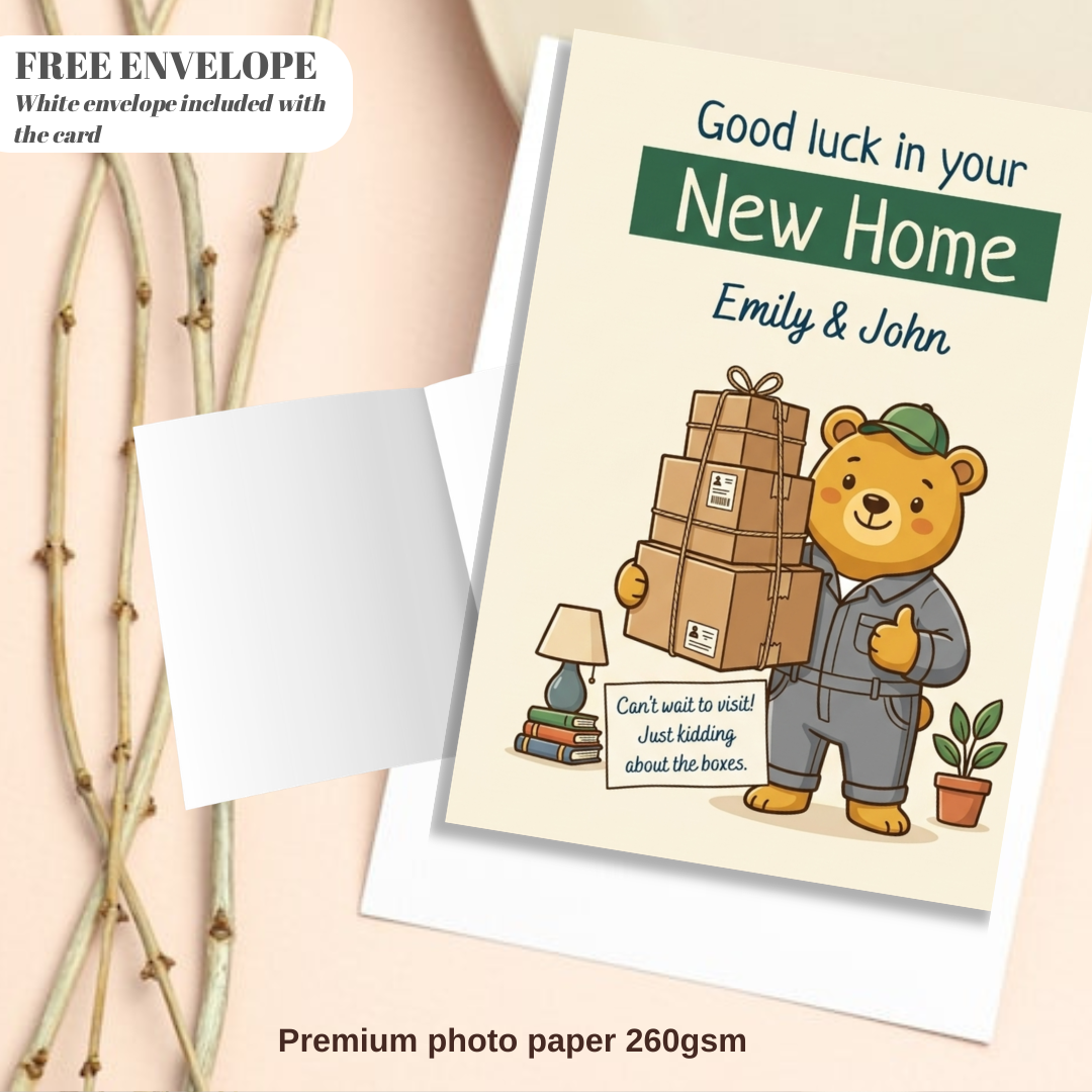 Personalised New Home Card – Cute Bear Moving Boxes Design | Housewarming Card Ireland