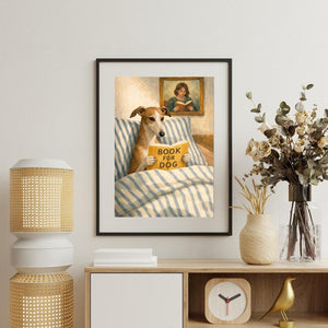 Greyhound Reading Print – Dog Wall Art, Cozy Bedroom Poster, Book Lover Dog Illustration