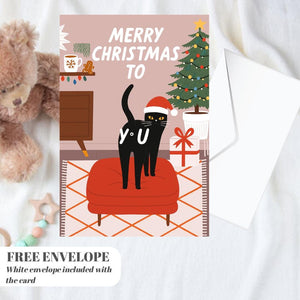 Funny Cat Christmas Card - Christmas Lover Cat - Funny Xmas Cards For Cat Lovers - Cat wishes you Merry Christmas to you, cat mums postcard