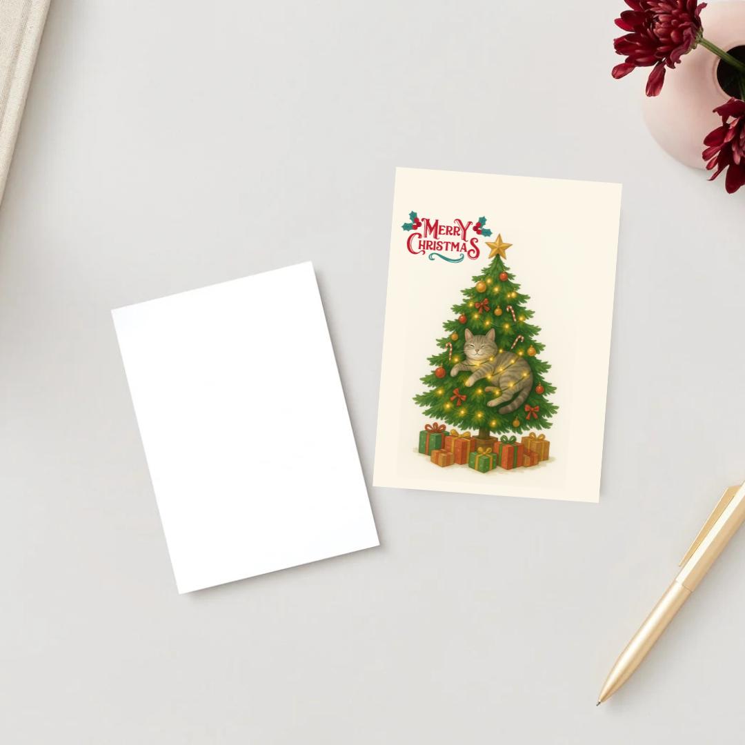 Christmas Tree Cat Card - Christmas Lover Cat - Funny Tree  Cards For Cat Lovers - Cat wishes you Merry Christmas to you, cat mums postcard